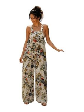 Floral Botanical Wide Leg Overalls Jumpsuit w/ Pockets Cottagecore Artsy XL